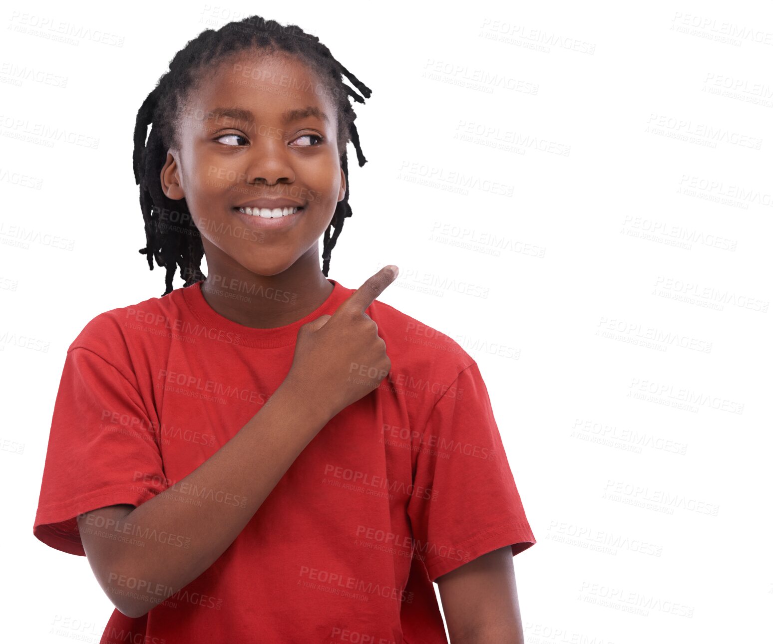 Buy stock photo Advertising, announcement and boy kid pointing at promo deal isolated in a transparent or png background. Happy, African and young child showing a promotion, sale or choice with happiness or smile