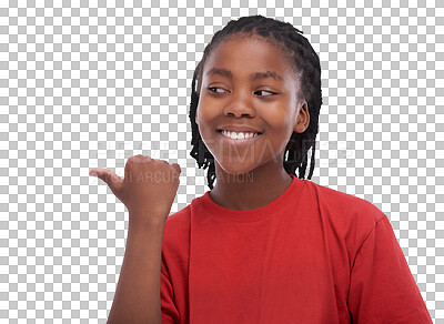 Buy stock photo Advertising, smile and happy boy child pointing a promo deal isolated in a transparent or png background. Announcement, African and young kid showing a promotion, sale or choice with happiness