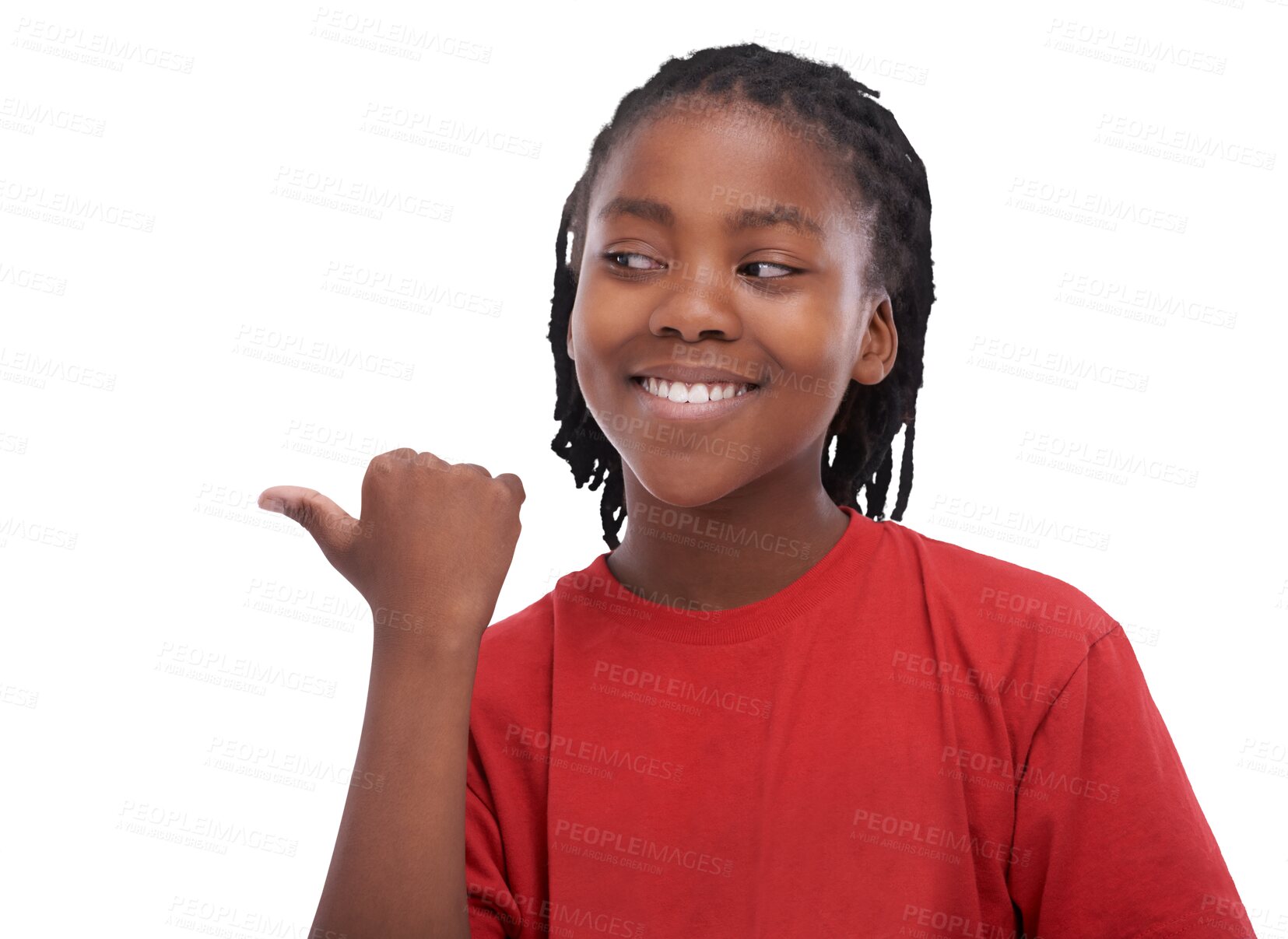 Buy stock photo Advertising, smile and happy boy child pointing a promo deal isolated in a transparent or png background. Announcement, African and young kid showing a promotion, sale or choice with happiness