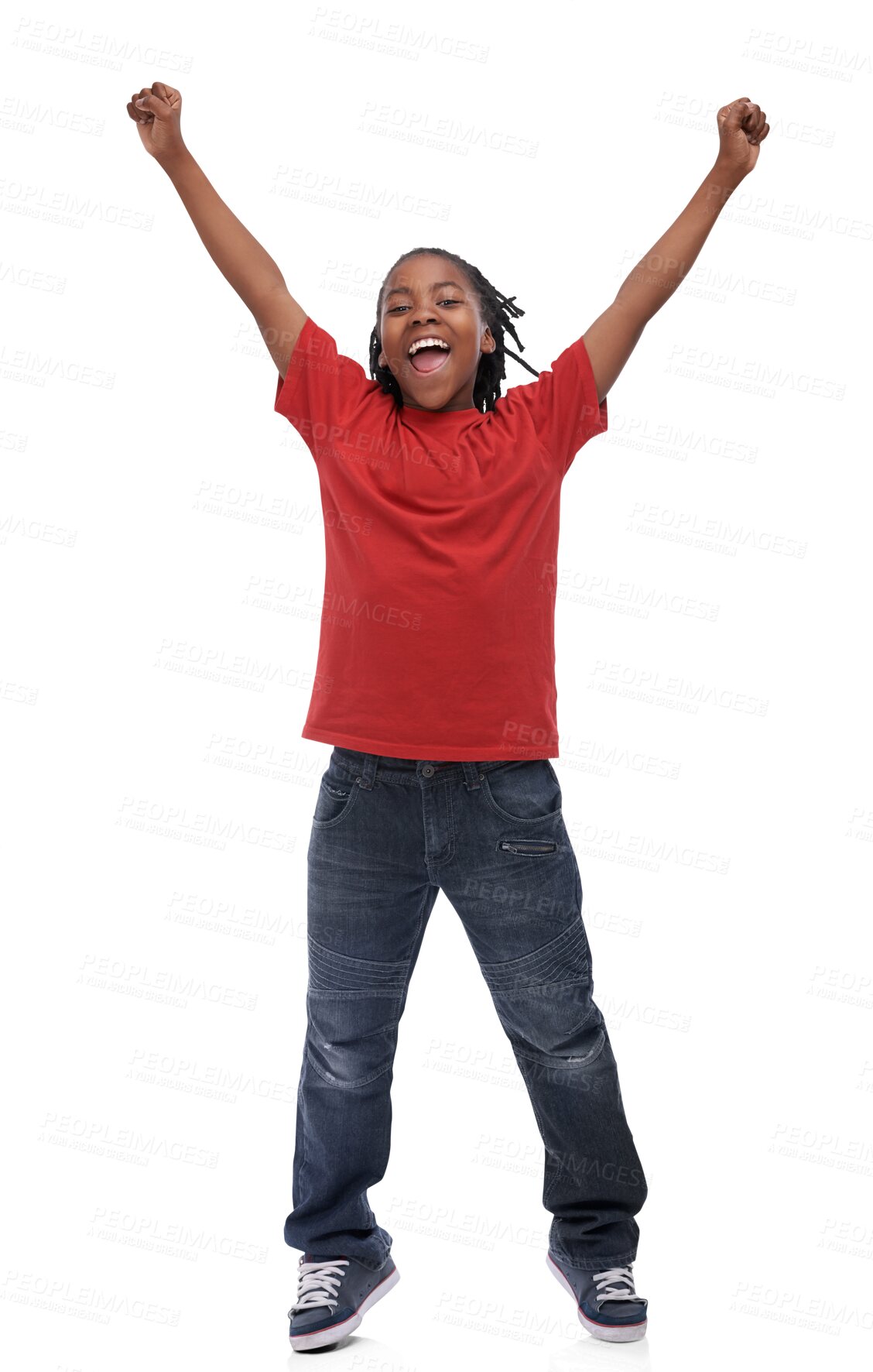 Buy stock photo Winner, celebration or portrait of excited kid with hands raised isolated on a transparent png background. Boy champion, smile and happy African child winning an achievement, success or goal victory 