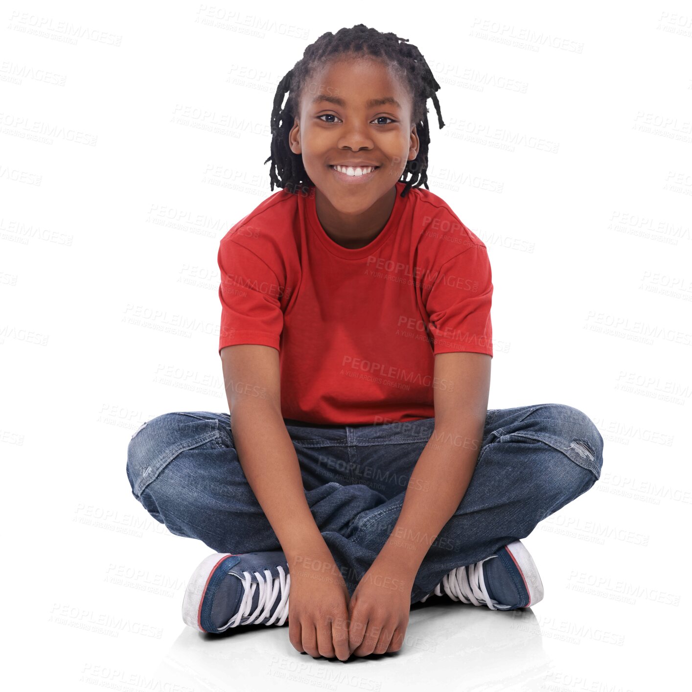 Buy stock photo Happy, sitting and portrait of a child or student for comfort, relax and fashion. Smile, young and an African boy kid in stylish, trendy and cool clothes isolated on a transparent png background