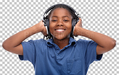 Buy stock photo Headphones, music and portrait of African child listening to audio or radio isolated in a transparent or png background. Smile, happy and young kid or boy with sound, podcast or song for happiness