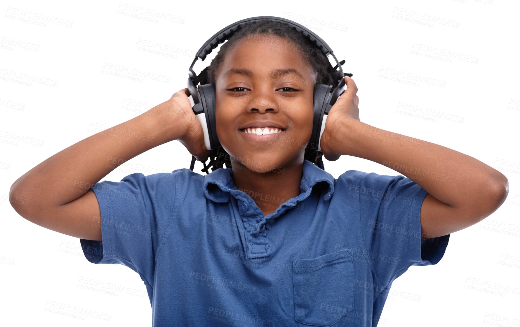 Buy stock photo Headphones, music and portrait of African child listening to audio or radio isolated in a transparent or png background. Smile, happy and young kid or boy with sound, podcast or song for happiness