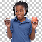 Cupcake, apple and child with choice between healthy food or junk and nutrition on isolated, transparent or png background. Studio, kid or boy with decision in diet of fruit or chocolate dessert