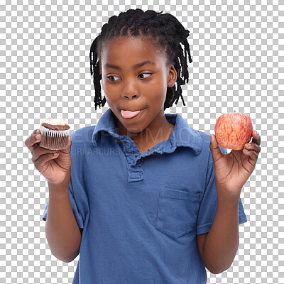 Cupcake, apple and child with choice between healthy food or junk and nutrition on isolated, transparent or png background. Studio, kid or boy with decision in diet of fruit or chocolate dessert