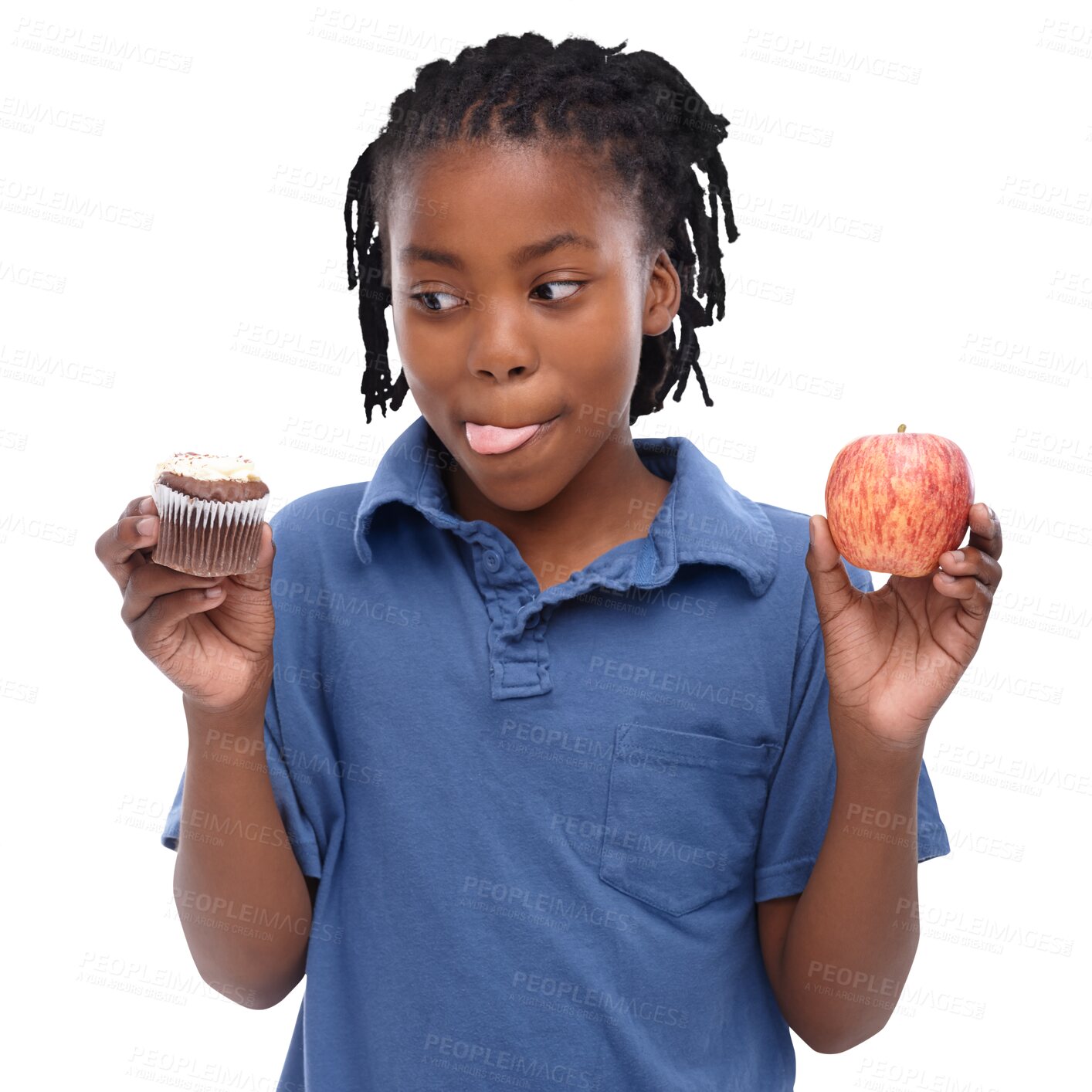 Buy stock photo Cupcake, apple and child with choice between healthy food or junk and nutrition on isolated, transparent or png background. African, kid or boy with decision in diet of fruit or chocolate dessert