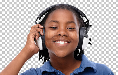 Buy stock photo Headphones, music and portrait of African kid listening to audio or radio isolated in a transparent or png background. Smile, happy and young child or boy with sound, podcast or song for happiness