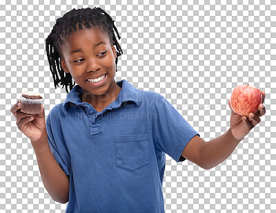 Buy stock photo Apple, cupcake and child with choice between healthy food or junk and nutrition on isolated, transparent or png background. African, kid or boy with decision in diet of fruit or chocolate dessert