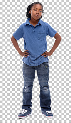 Buy stock photo Portrait, african boy and serious with hands on hip in png or isolated or transparent background. Kid, confident and cool with clothes for style with attitude in trendy outfit or casual with t shirt.