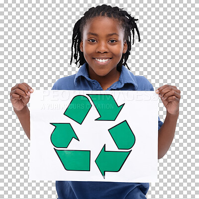 Buy stock photo Isolated boy child, recycling poster and smile in portrait for protest, icon or ecology by transparent png background. Black kid, paper billboard or sign for climate change, volunteering or pollution