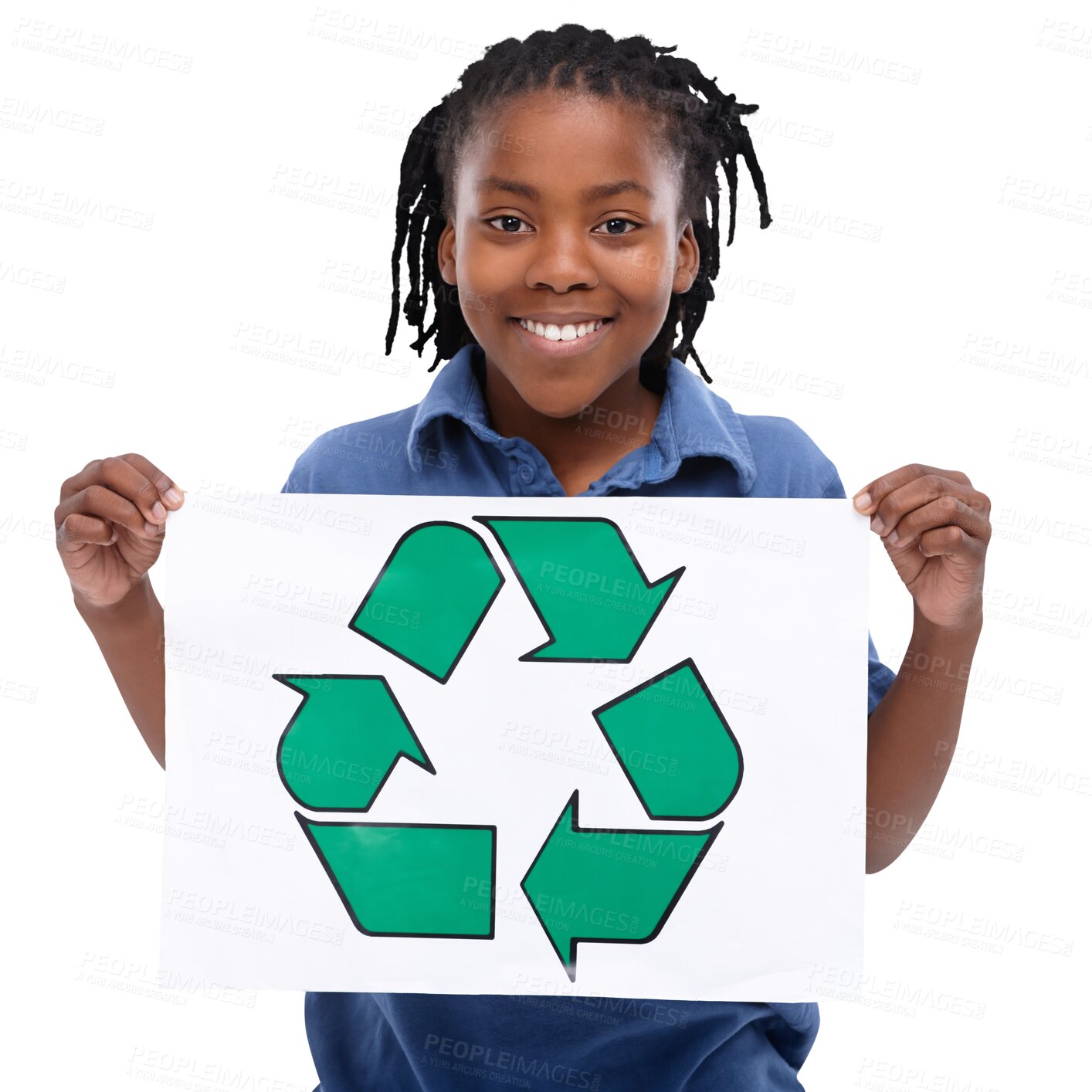 Buy stock photo Isolated boy child, recycling poster and smile in portrait for protest, icon or ecology by transparent png background. Black kid, paper billboard or sign for climate change, volunteering or pollution