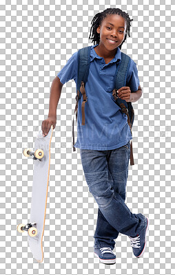 Buy stock photo Portrait, black kid smile and skateboard of student isolated on a transparent png background. African school child, skating and happy to start exercise, workout or training with backpack for health