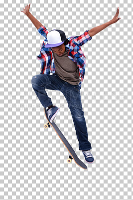 Buy stock photo Teenager, skateboard and trick with a jump, flip and stunt with skill or urban fashion on isolated, transparent or png background. Cool, boy or kid skateboarding with gen z, streetwear and style