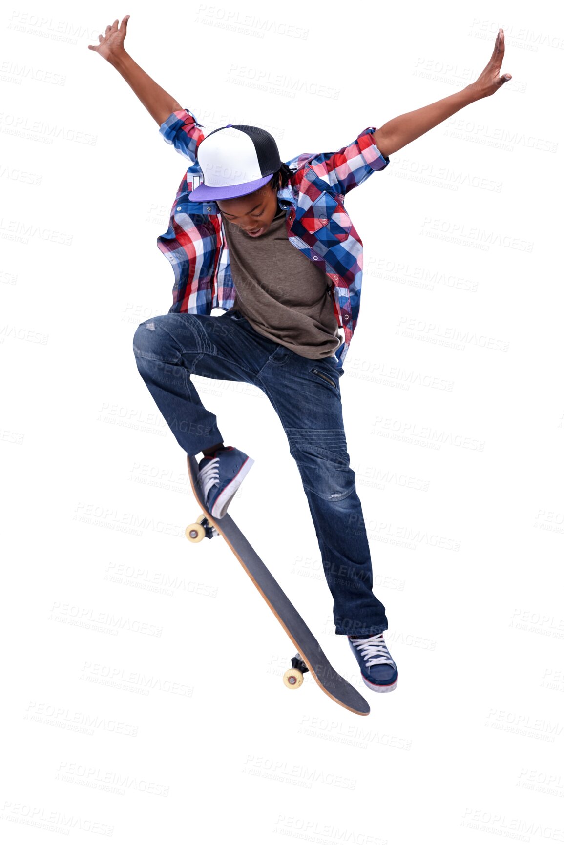 Buy stock photo Teenager, skateboard and trick with a jump, flip and stunt with skill or urban fashion on isolated, transparent or png background. Cool, boy or kid skateboarding with gen z, streetwear and style