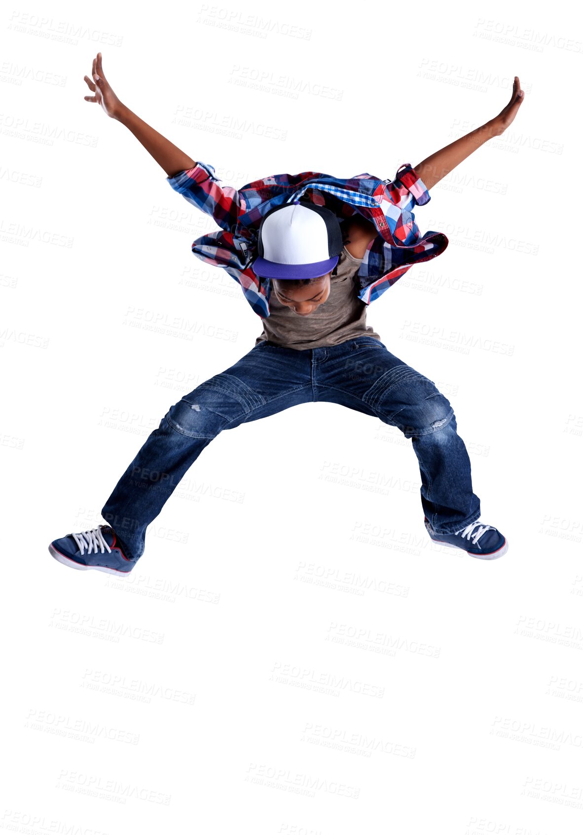 Buy stock photo Talent, jump and child hip hop dancer dancing isolated in a transparent or png background feeling excited with energy. Dance, African and boy kid with creative skill ready for breakdance performance