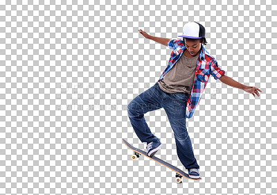 Buy stock photo Skateboard, black boy and kid with a jump trick and urban streetwear fashion on isolated, transparent or png background. African child, skateboarding and skater with energy or skill for skating stunt