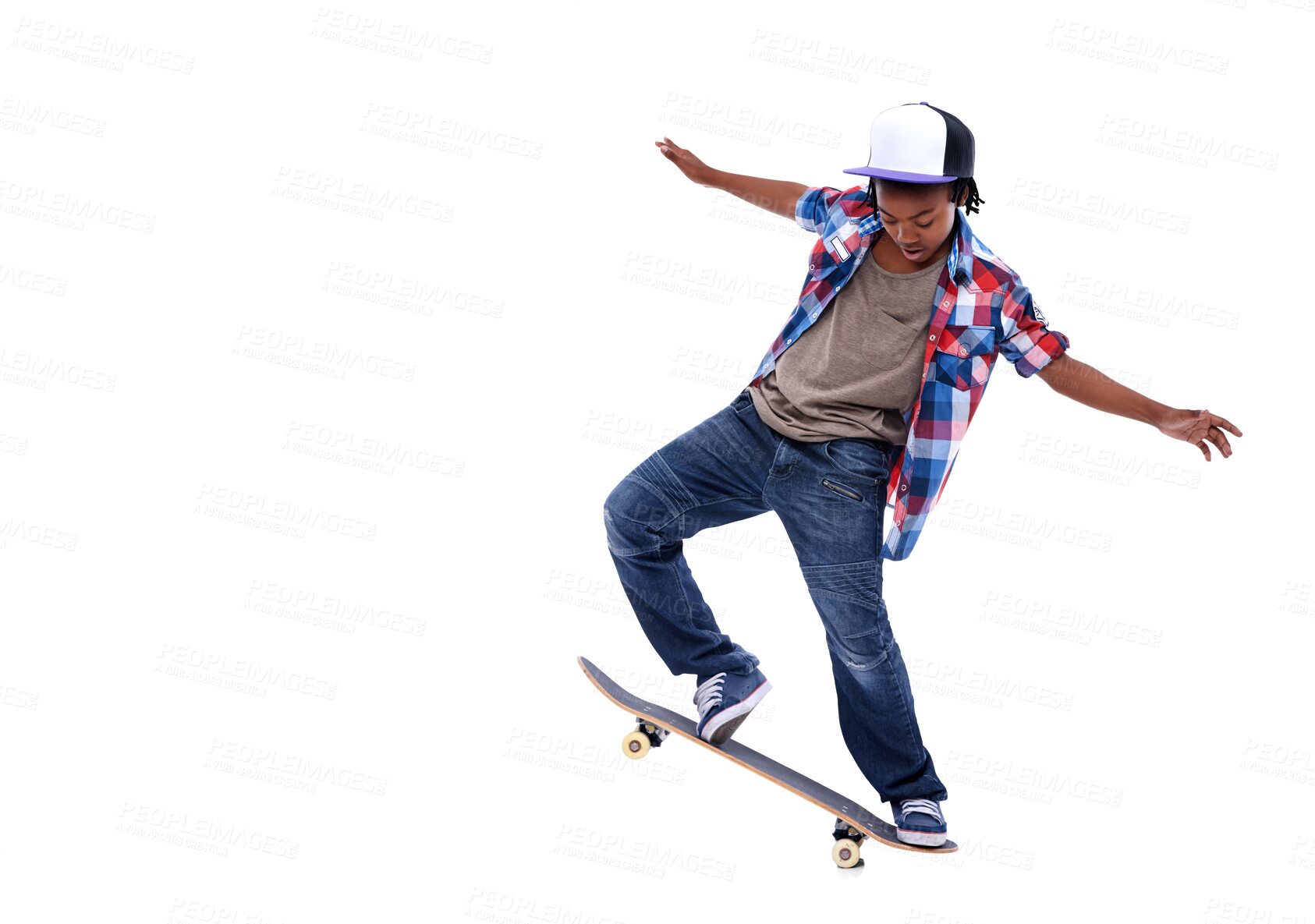 Buy stock photo Skateboard, black boy and kid with a jump trick and urban streetwear fashion on isolated, transparent or png background. African child, skateboarding and skater with energy or skill for skating stunt