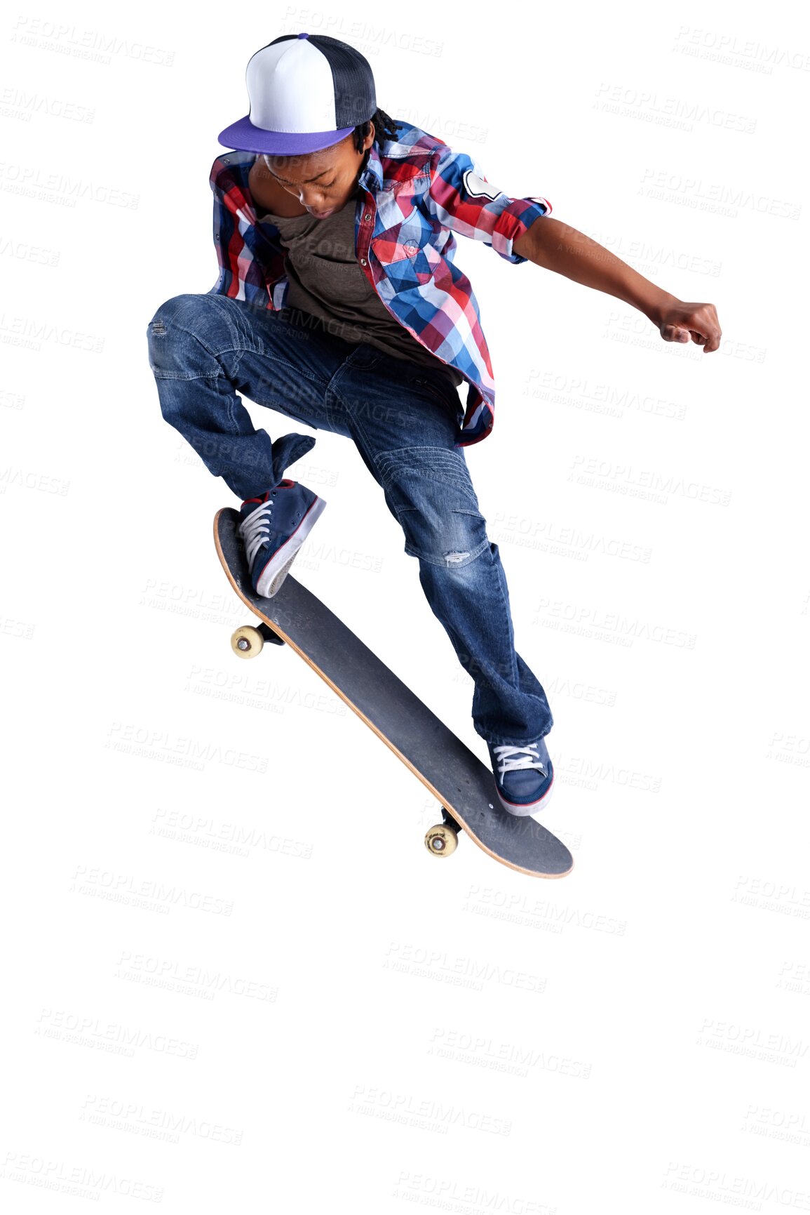 Buy stock photo Black boy, kid and skateboard jump trick and urban streetwear fashion on isolated, transparent or png background. African teenager, skateboarding and skater with energy or skill for skating stunt