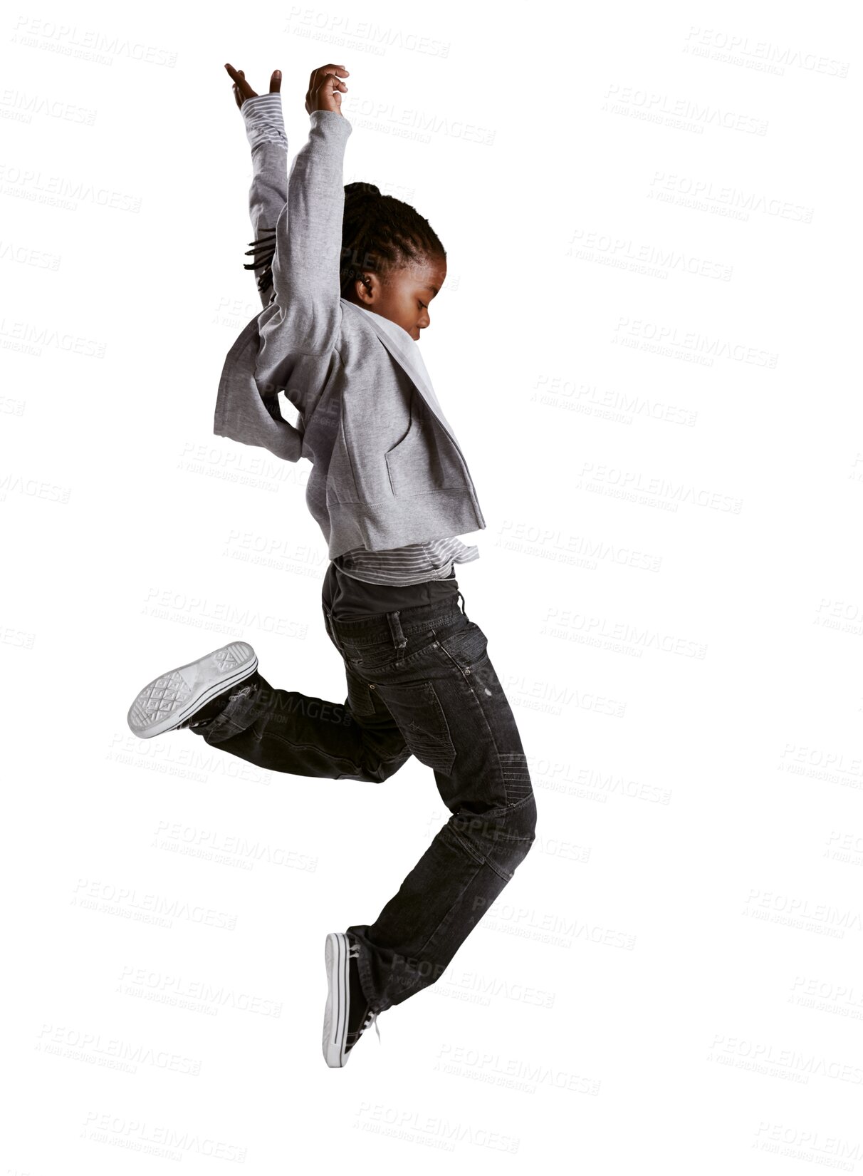 Buy stock photo Creative, jump and kid hip hop dancer dancing isolated in a transparent or png background feeling excited with energy. Dance, African and boy kid with talent or skill ready for breakdance performance