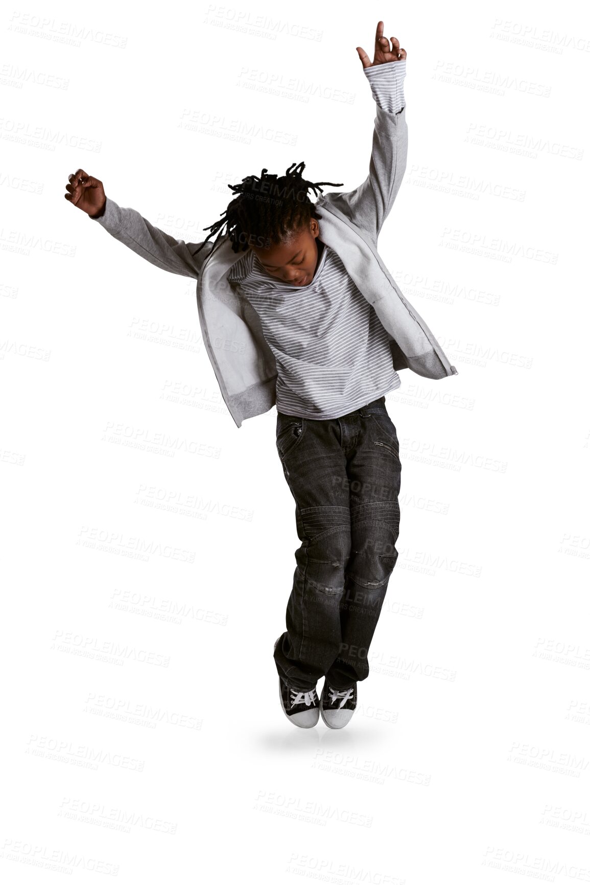 Buy stock photo Energy, dancing and child with casual style for hip hop performance and motivation. Fashion, youth and an African boy kid isolated on a transparent, png background moving to music with confidence