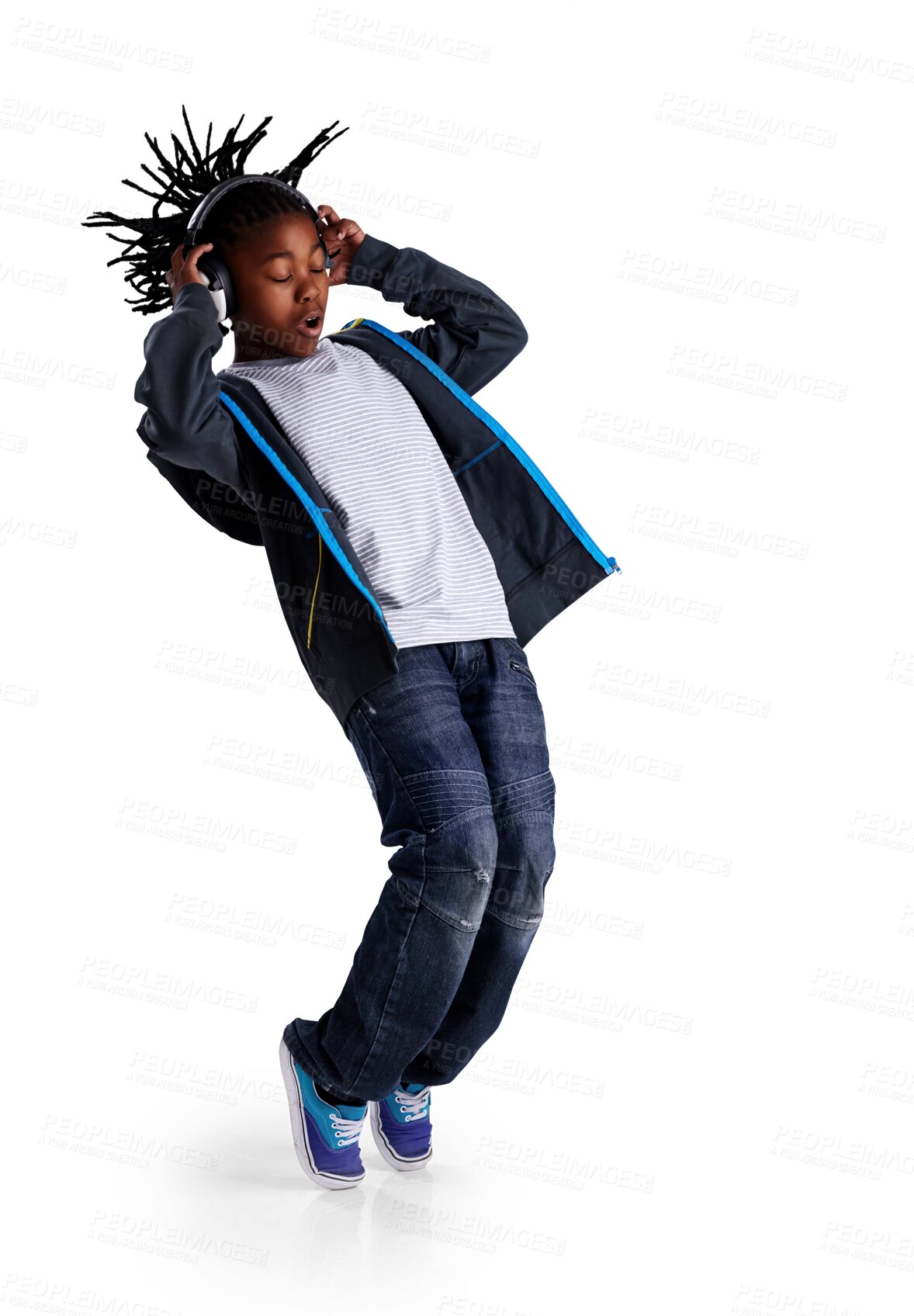 Buy stock photo Isolated boy child, music and headphones for dancing, freedom and listen to sound by transparent png background. Young African kid, audio tech and dance for streaming, moving and steps with fashion