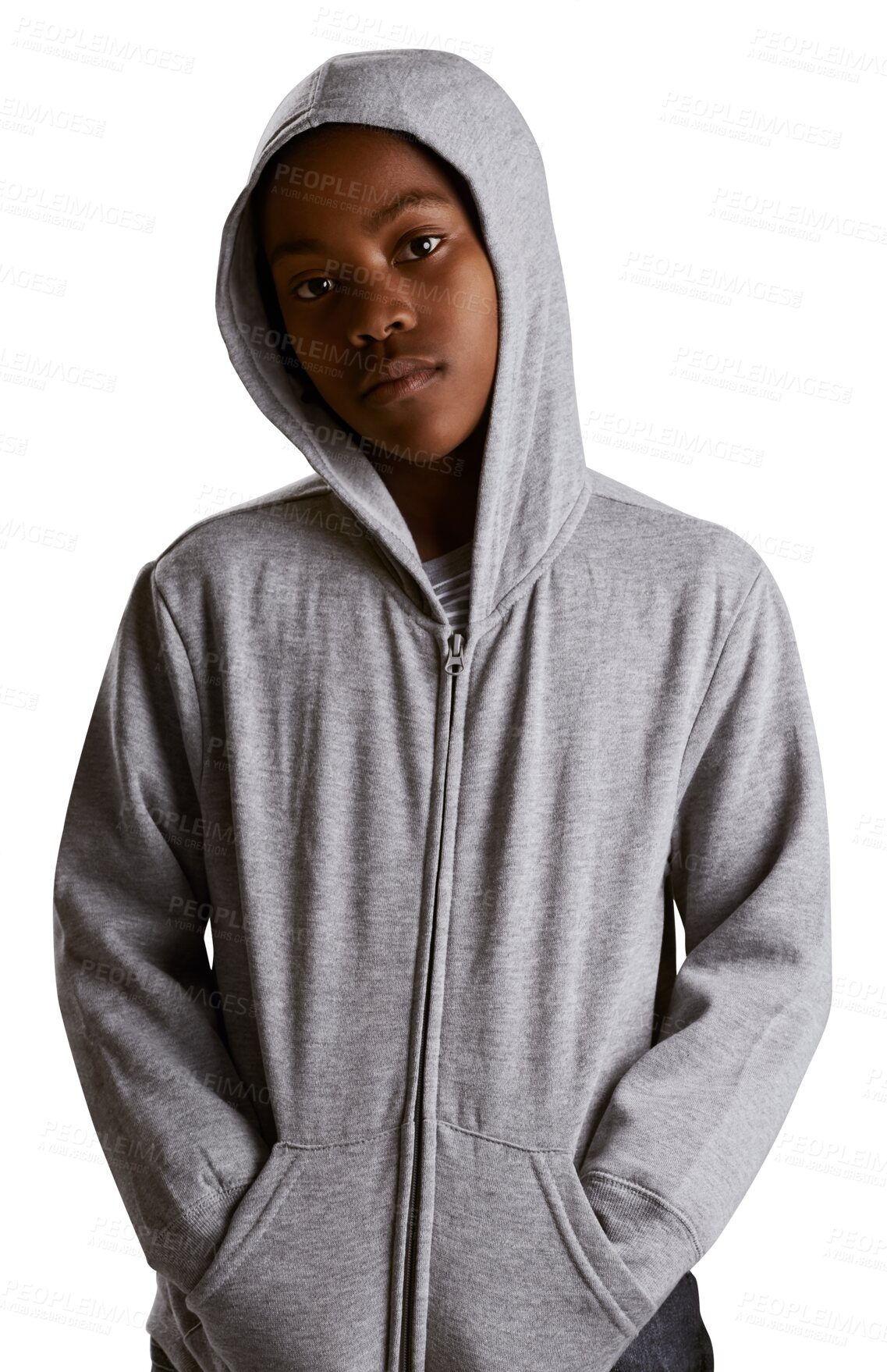 Buy stock photo Fashion, cool and portrait of a child in a hoodie for stylish, youth and trendy clothes. Serious, style and a young African kid model in a jacket for winter isolated on a transparent png background