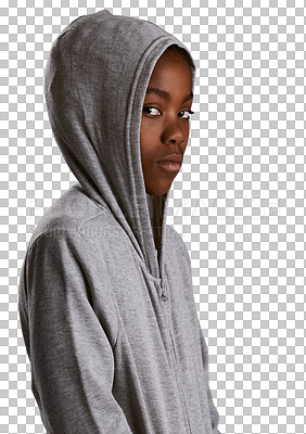 Buy stock photo Portrait, fashion and serious black child with hoodie isolated on a transparent png background. Face, African kid or young boy in sweatshirt for style, cool or trendy clothes for aesthetic in Nigeria