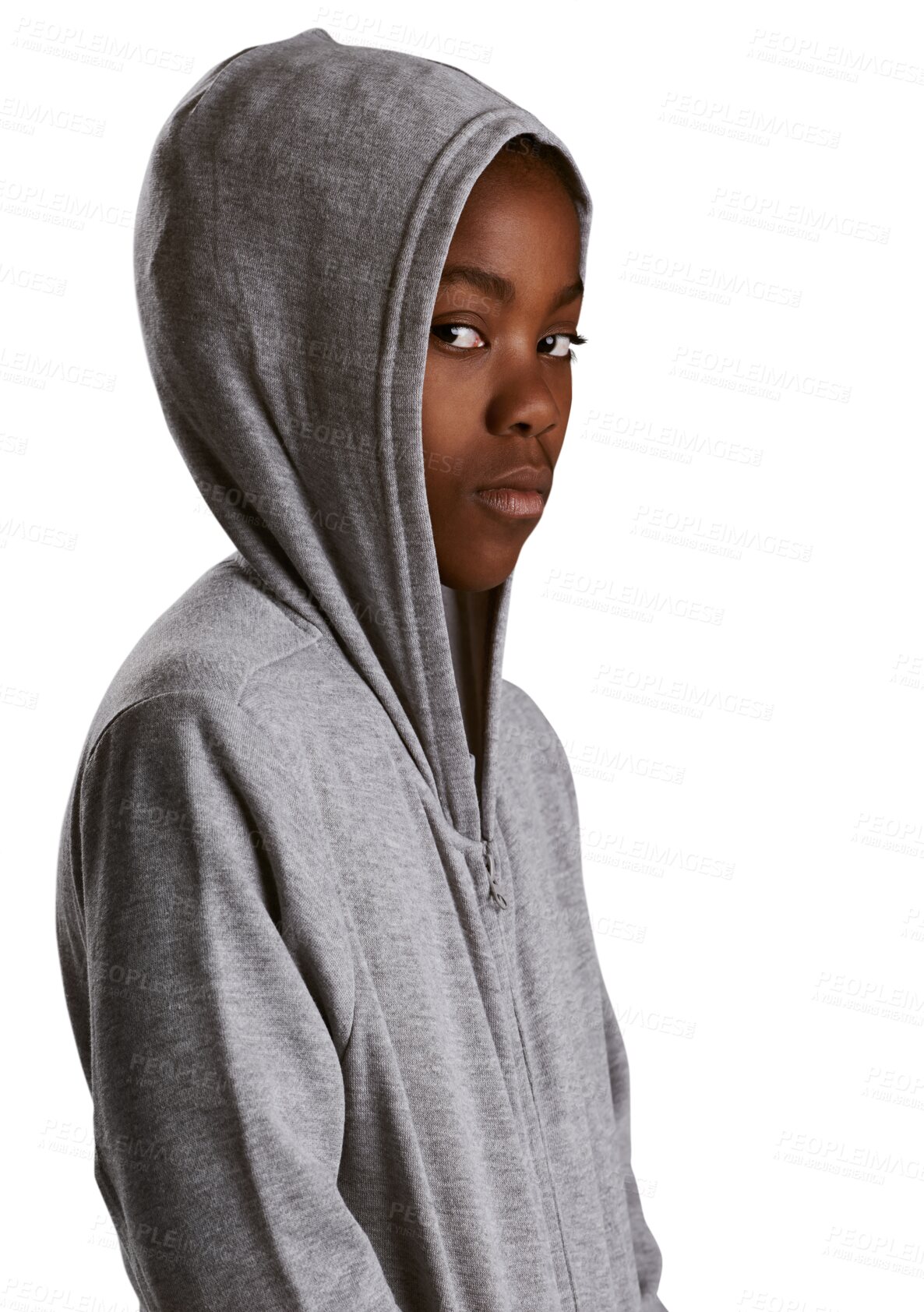 Buy stock photo Portrait, fashion and serious black child with hoodie isolated on a transparent png background. Face, African kid or young boy in sweatshirt for style, cool or trendy clothes for aesthetic in Nigeria