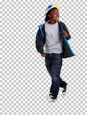 Buy stock photo Happy, fashion and child with cool style and a smile for motivation and inspiration. Casual, clothes and an African boy or school kid isolated on a transparent, png background with confidence