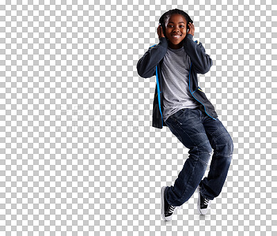 Buy stock photo Happy, dancing and child with headphones for music or hip hop performance and motivation. Fashion, youth and African boy kid portrait isolated on a transparent, png background moving to breakdance