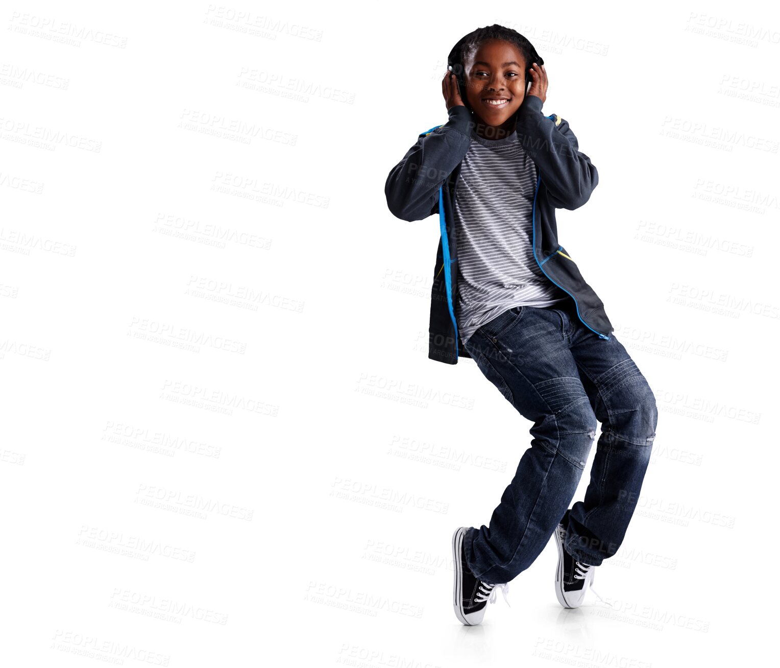 Buy stock photo Happy, dancing and child with headphones for music or hip hop performance and motivation. Fashion, youth and African boy kid portrait isolated on a transparent, png background moving to breakdance