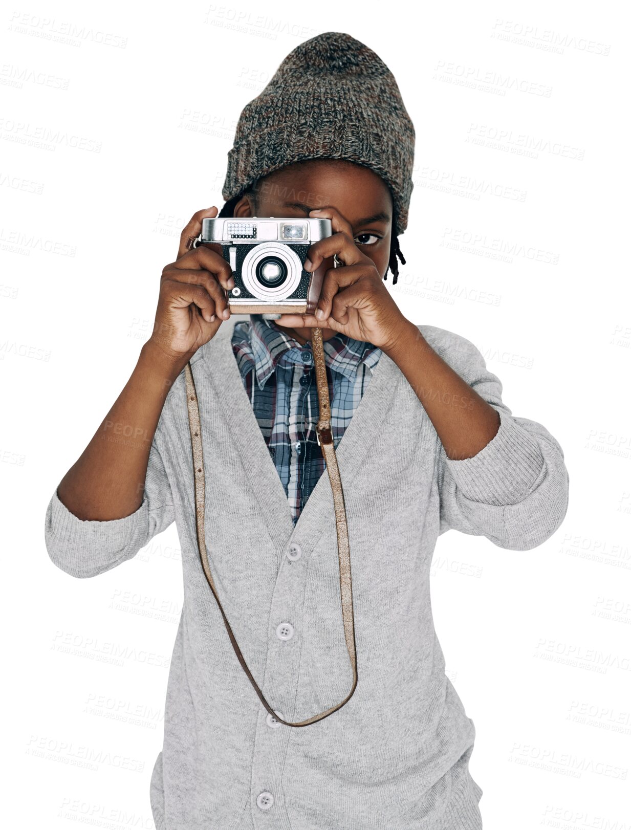 Buy stock photo Portrait, camera photographer and black child isolated on a transparent png background. Face, African kid and boy taking pictures, filming or photoshoot with vintage tech for learning photography