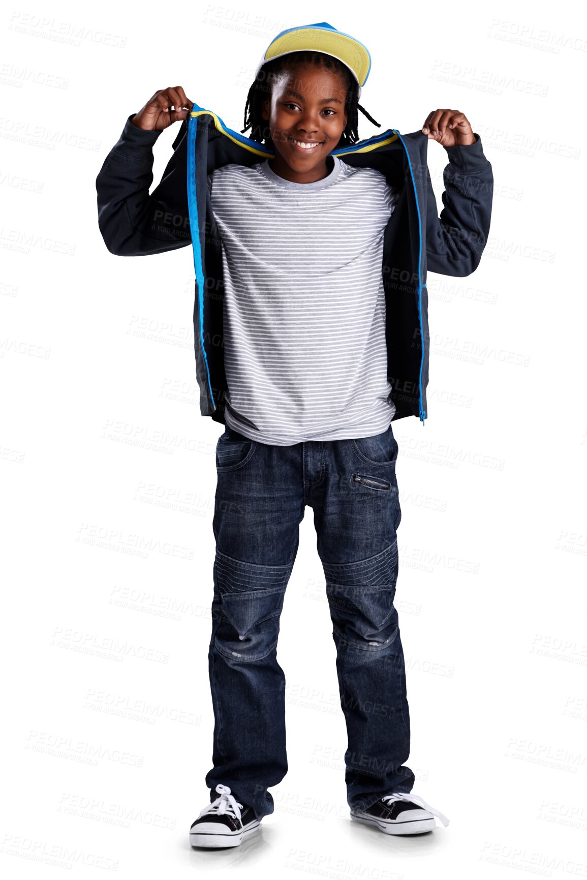 Buy stock photo Happy, fashion and portrait of a child with cool style and a smile for motivation and inspiration. Casual, clothes and African boy kid isolated on a transparent, png background with confidence