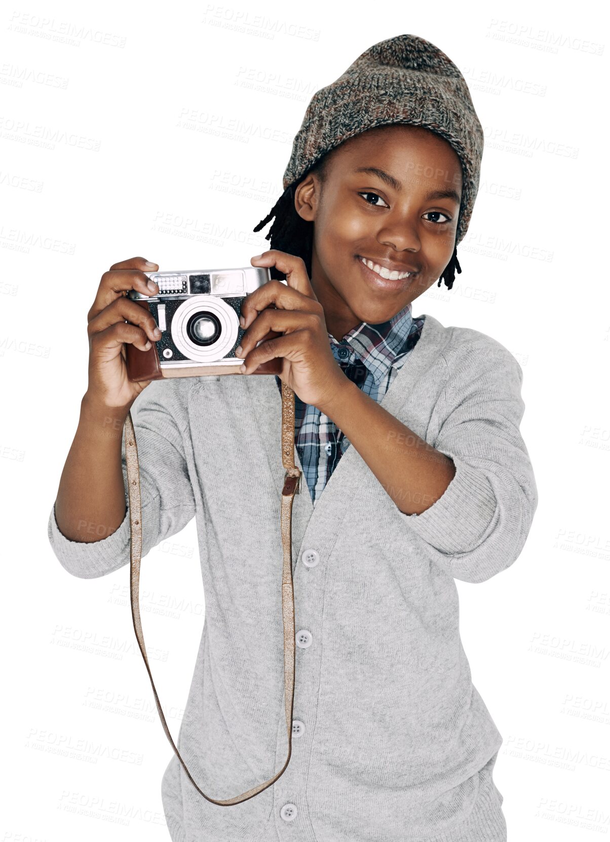 Buy stock photo Camera photographer, portrait and black kid smile isolated on a transparent png background. Face, happy African child and pictures, filming and photoshoot with vintage tech for learning photography