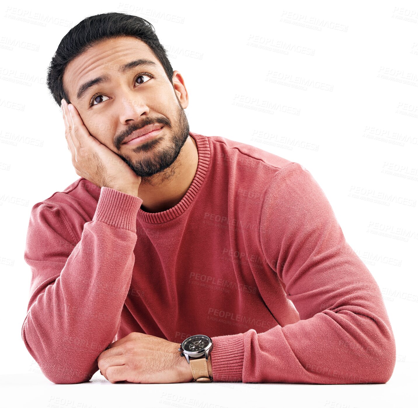 Buy stock photo Thinking, wondering and man bored and relax looking up isolated in a transparent or png background. Sad, tired and male person feeling calm and dreaming with thoughts of regret problem and unhappy