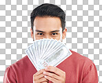 Money fan, cash and portrait of man on white background for investment, financial savings and payment. Finance profit, winner and isolated male for winning, prize and stock market success in studio