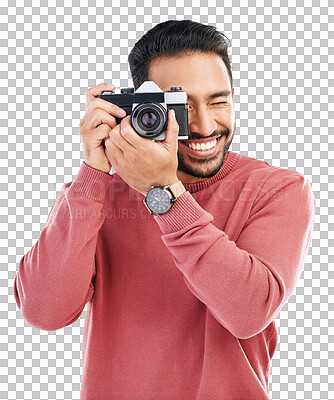 Buy stock photo Photography, happy and young man with a camera for creativity or photoshoot production job. Happiness, smile and male photographer taking pictures for paparazzi or media by transparent png background