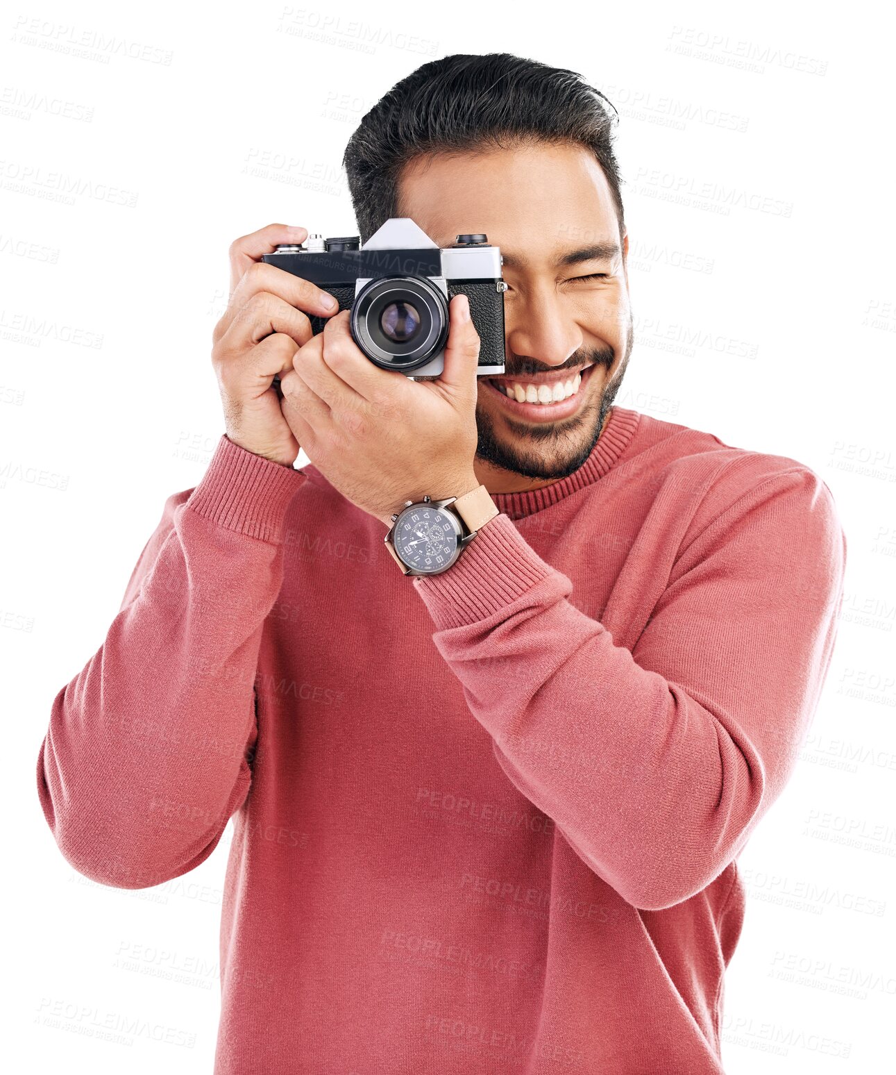 Buy stock photo Photography, happy and young man with a camera for creativity or photoshoot production job. Happiness, smile and male photographer taking pictures for paparazzi or media by transparent png background