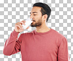 Man drinking glass of milk in studio, white background and backdrop for healthy food, smoothies and diet. Male model, food and calcium of smoothie, vanilla milkshake and nutrition of protein drink 