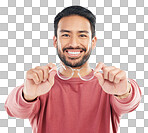 Glasses, man smile and portrait in a studio happy from vision and showing eyewear choice. Isolated, white background and happiness of a excited male model with lens prescription and frame decision