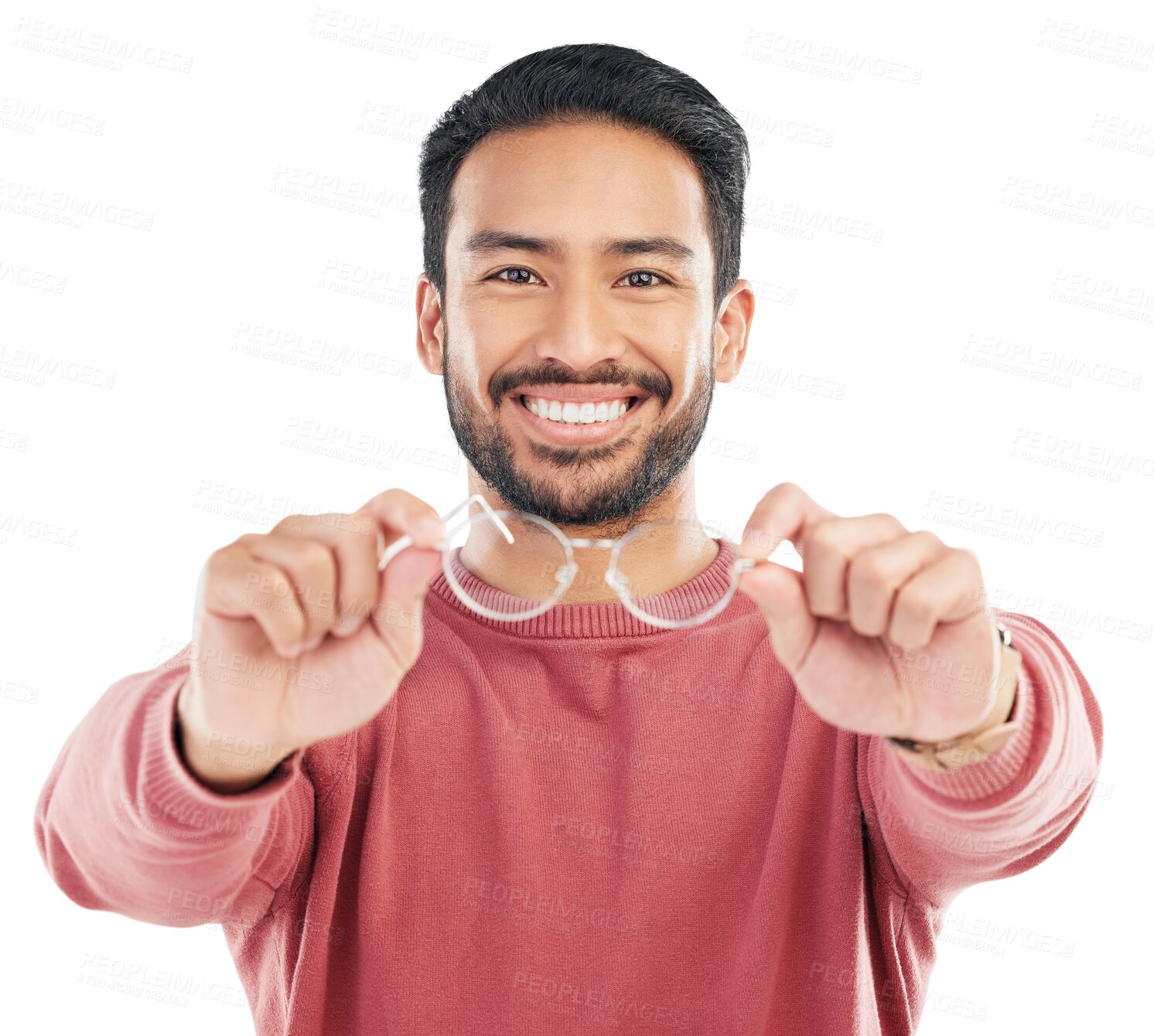 Buy stock photo Glasses, smile and portrait of man showing frames or eyewear choice isolated in a transparent or png background. Happy, vision and young male person with optometry prescription lens and happiness