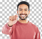 Glasses, happy man and portrait in a studio with a smile from vision showing eyewear product. Isolated, white background and happiness of a excited male model with lens prescription and frame check