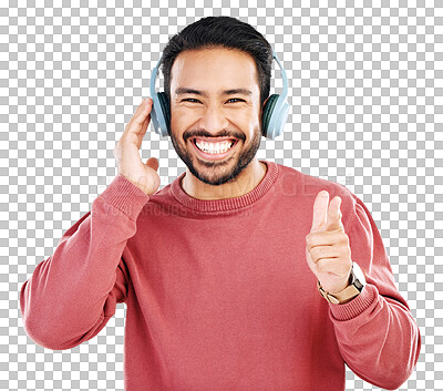 Headphones, smile and music, excited man in studio isolated on white background streaming radio and happiness. Podcast subscription, technology and song, Indian guy listening to audio online to relax