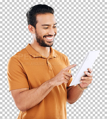 Buy stock photo Asian man, tablet and smile on social media, reading ebook online and isolated on transparent png background. Happy guy, digital technology and connection for networking, search internet or download