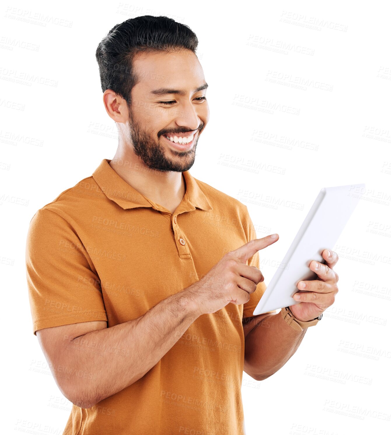 Buy stock photo Asian man, tablet and smile on social media, reading ebook online and isolated on transparent png background. Happy guy, digital technology and connection for networking, search internet or download