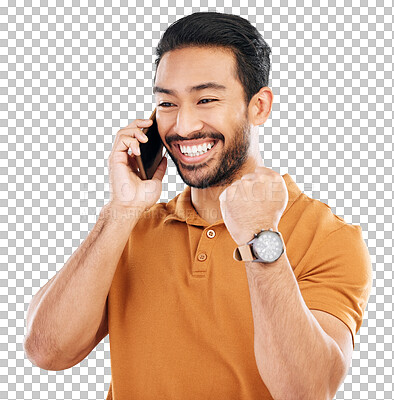 Buy stock photo Phone call, winner celebration and man with news on isolated, png and transparent background. Success, excited and male person on smartphone with announcement for achievement, bonus and winning