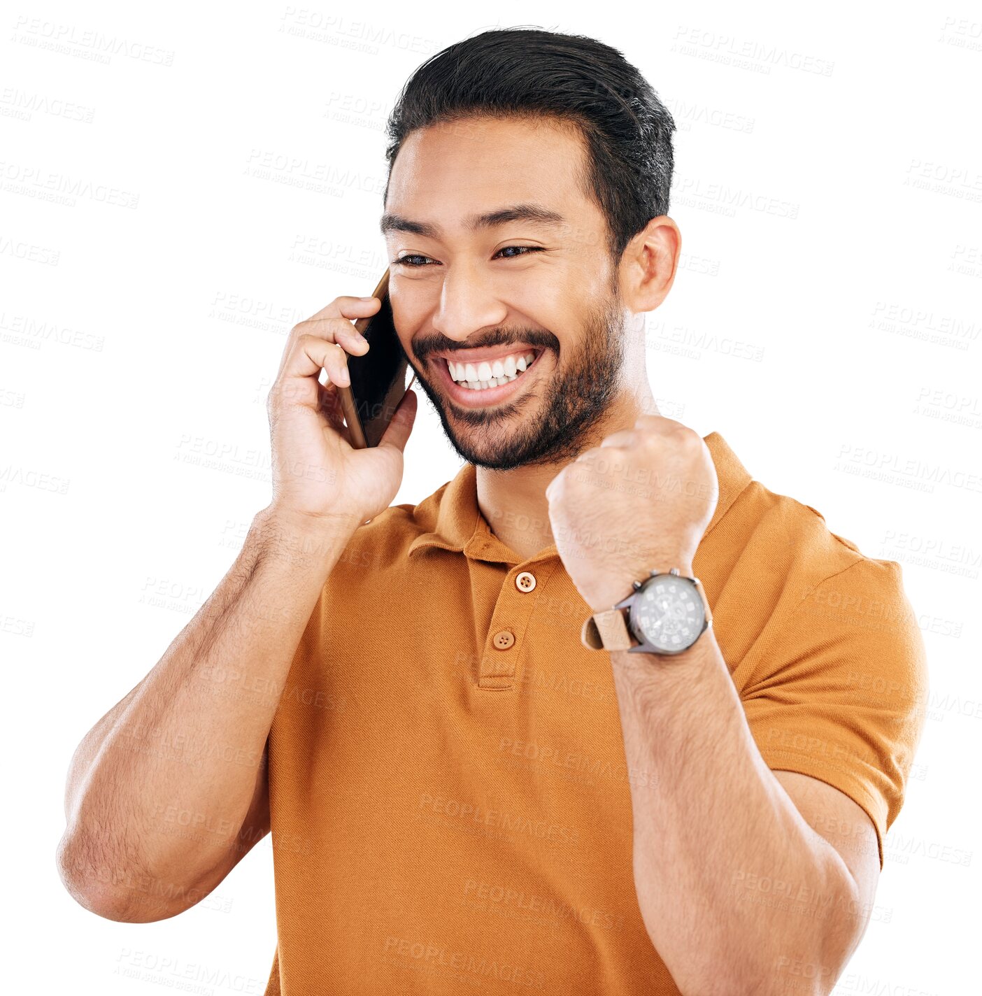 Buy stock photo Phone call, winner celebration and man with news on isolated, png and transparent background. Success, excited and male person on smartphone with announcement for achievement, bonus and winning