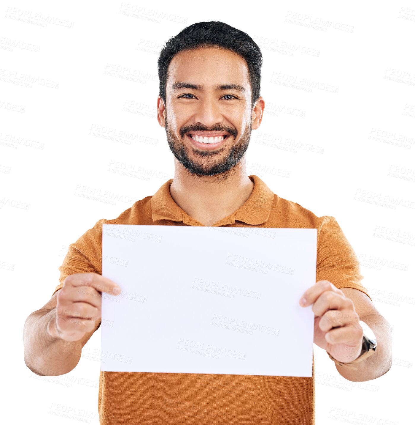 Buy stock photo Portrait, asian man and mockup poster with smile for advertising in png or isolated and transparent background. Billboard, happy and male person with brand sign for empty space for sale or news.