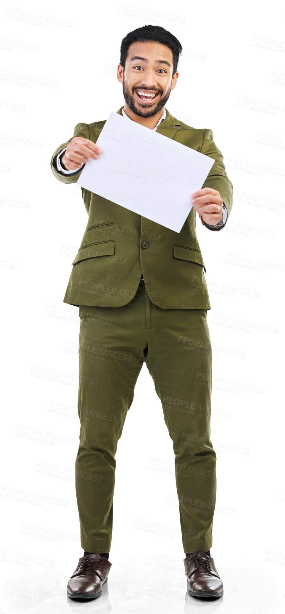 Buy stock photo Businessman, portrait and billboard for advertising, sign or card isolated on a transparent PNG background. Happy asian man or employee and paper, board or poster in advertisement, brand or marketing