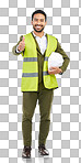 Portrait, Asian man and architect with thumbs up, agreement and hard hat on a white studio background. Face, male contractor or engineer with gesture for ok, thank you and support for new project 